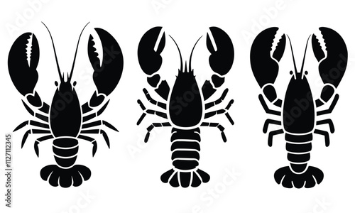 Black Lobster Silhouette Icons – Minimalist Sea Creature Illustrations for Marine-Themed Designs, Seafood Logos, and Nautical Art Projects
