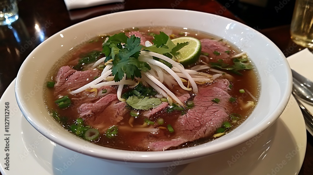 Halal pho with a thinly sliced beef, broth rich with flavors, served with a garnish of fresh chili and lime Halal pho with a thinly sliced beef, broth rich with flavors, served with a garnish of fresh chili and lime