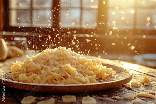 Delicious pasta dish with parmesan cheese, sunlit setting, rustic wooden plate. photo