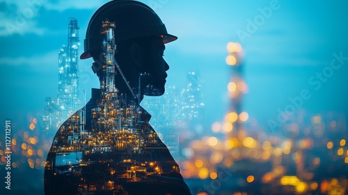 Double exposure of a professional engineer and an oil  energy , electricity industry..