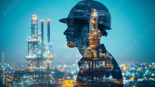 Double exposure of a professional engineer and an oil  energy , electricity industry..