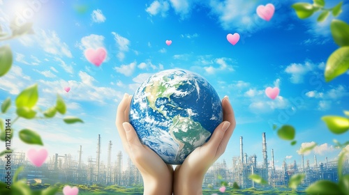 Illustration of the Earth on palm hands , industrial plants in the background.