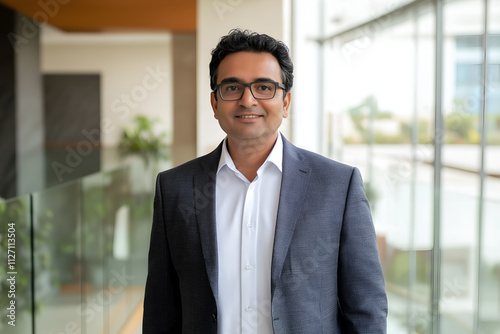 Portrait of successful Indian businessman consultant looking at camera and smiling inside modern office building