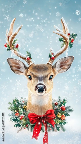 Illustration of Adorable deer with antlers adorned in Christmas ornaments  and a wreath with a red bow tied of holly at the bottom.