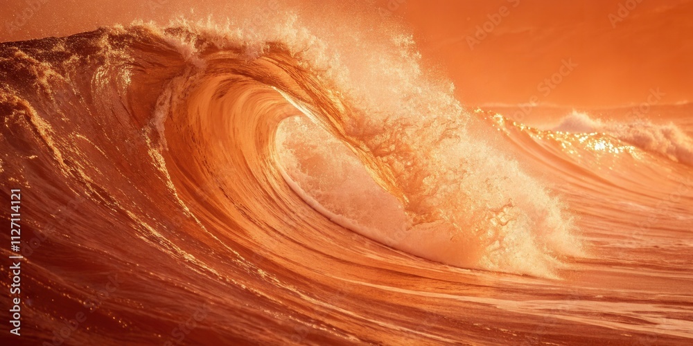 Fototapeta premium A Golden Wave Breaks in a Dramatic Sunset, Showing the Power and Beauty of Nature