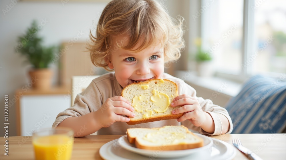 Child Enjoying Breakfast with Buttered Toast at a Bright and Cozy Kitchen Table Child Enjoying Breakfast with Buttered Toast at a Bright and Cozy Kitchen Table