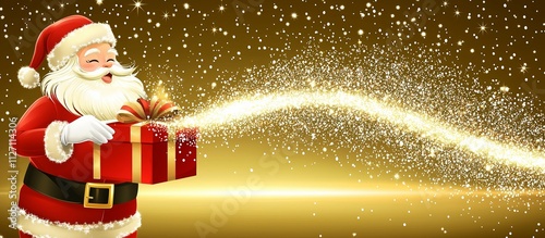 Illustration of a magical, glowing gift box being hold by a happy Santa Claus.