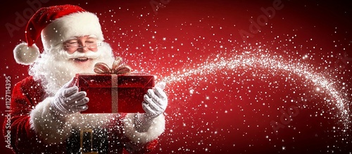 Illustration of a magical, glowing gift box being hold by a happy Santa Claus.