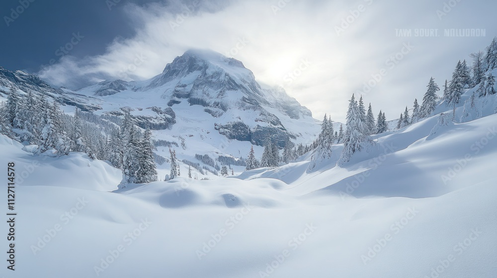 Fototapeta premium A serene winter landscape featuring snow-covered mountains and trees under a cloudy sky.