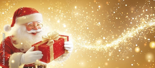 Illustration of a magical, glowing gift box being hold by a happy Santa Claus.