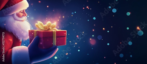 Illustration of a magical, glowing gift box being hold by a happy Santa Claus.