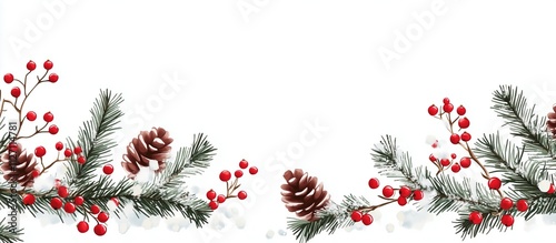 Illustration of Christmas card design with pine branches and berries on a white background ,  with red holly leaves, winter forest elements, snowy pines, pine cones, and mistletoe.