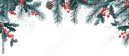 Illustration of Christmas card design with pine branches and berries on a white background ,  with red holly leaves, winter forest elements, snowy pines, pine cones, and mistletoe.