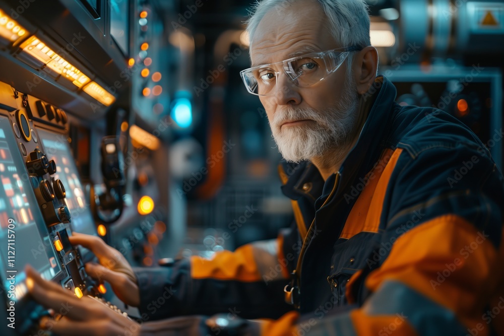 An elderly technician operates complex machinery in a modern industrial setting. An elderly technician operates complex machinery in a modern industrial setting.