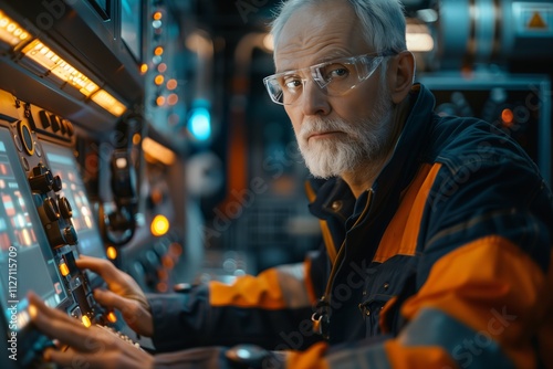 An elderly technician operates complex machinery in a modern industrial setting.