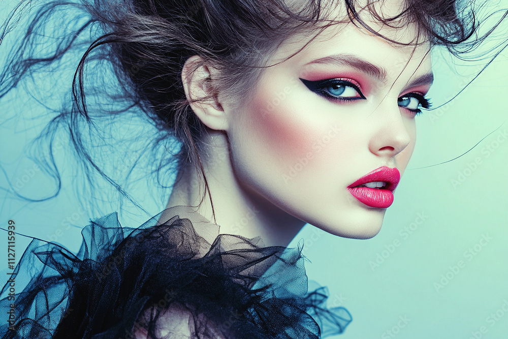 Fototapeta premium Stunning model showcases dramatic makeup and hairstyle