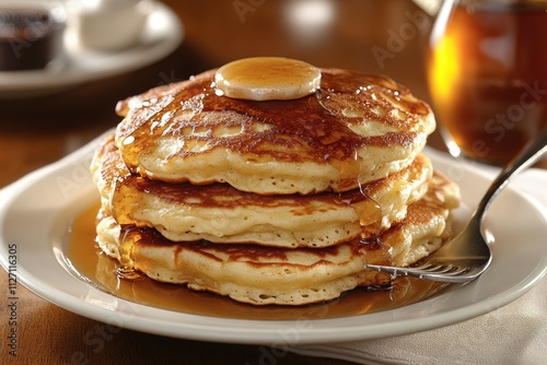 A stack of fluffy pancakes drenched in maple syrup and topped with butter.