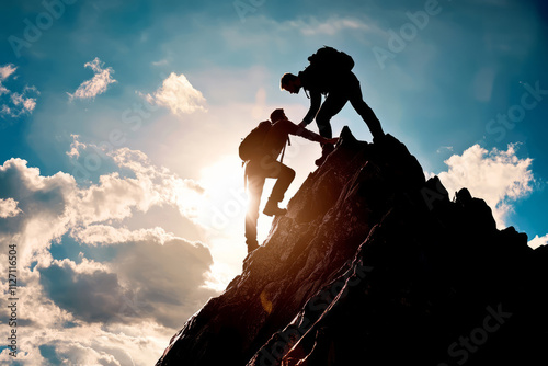 Wallpaper Mural Silhouette of a man helping his friend reach the top of a mountain,  Torontodigital.ca