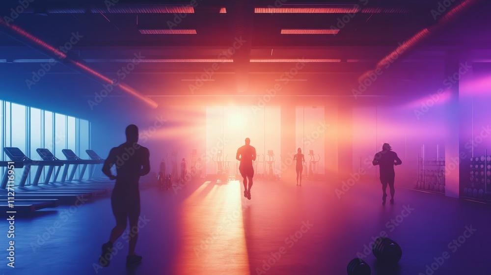 Silhouetted figures exercise in a brightly lit gym. Silhouetted figures exercise in a brightly lit gym.