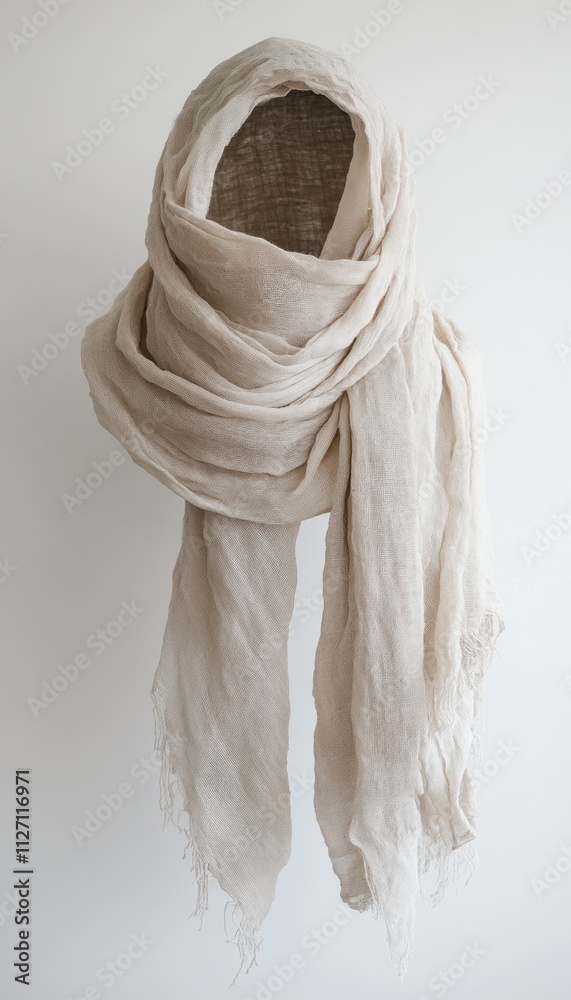 A neutral-colored scarf draped elegantly, showcasing its texture and flow.