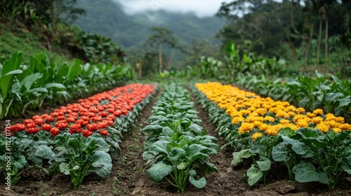 Vibrant rows of red and yellow flowers interplanted with lush green leafy vegetables in a picturesque organic farm surrounded by tropical greenery and misty mountain views.
