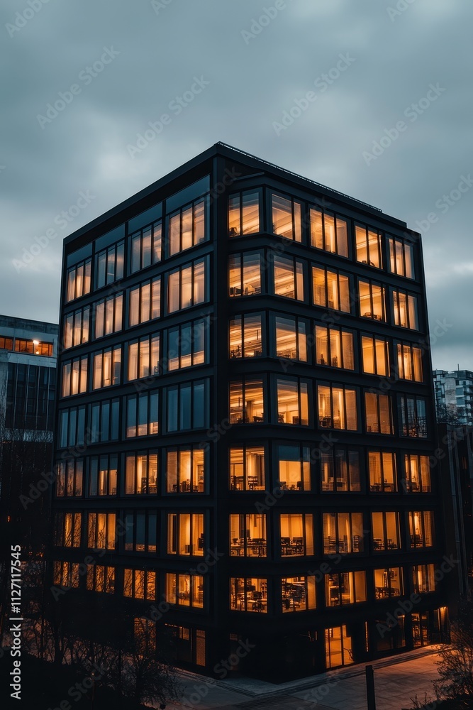 Fototapeta premium Illuminated Modern Office Building at Dusk