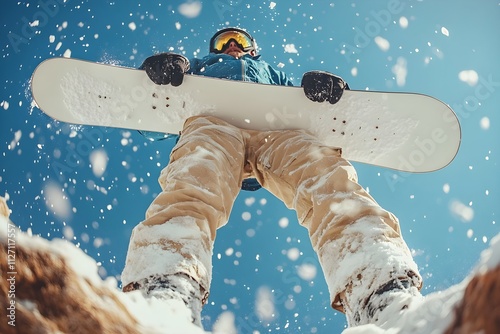 Close-up bug's eye view photo of snowboarder wearing winter clothes, goggles and helmet holding his board in snowy mountains