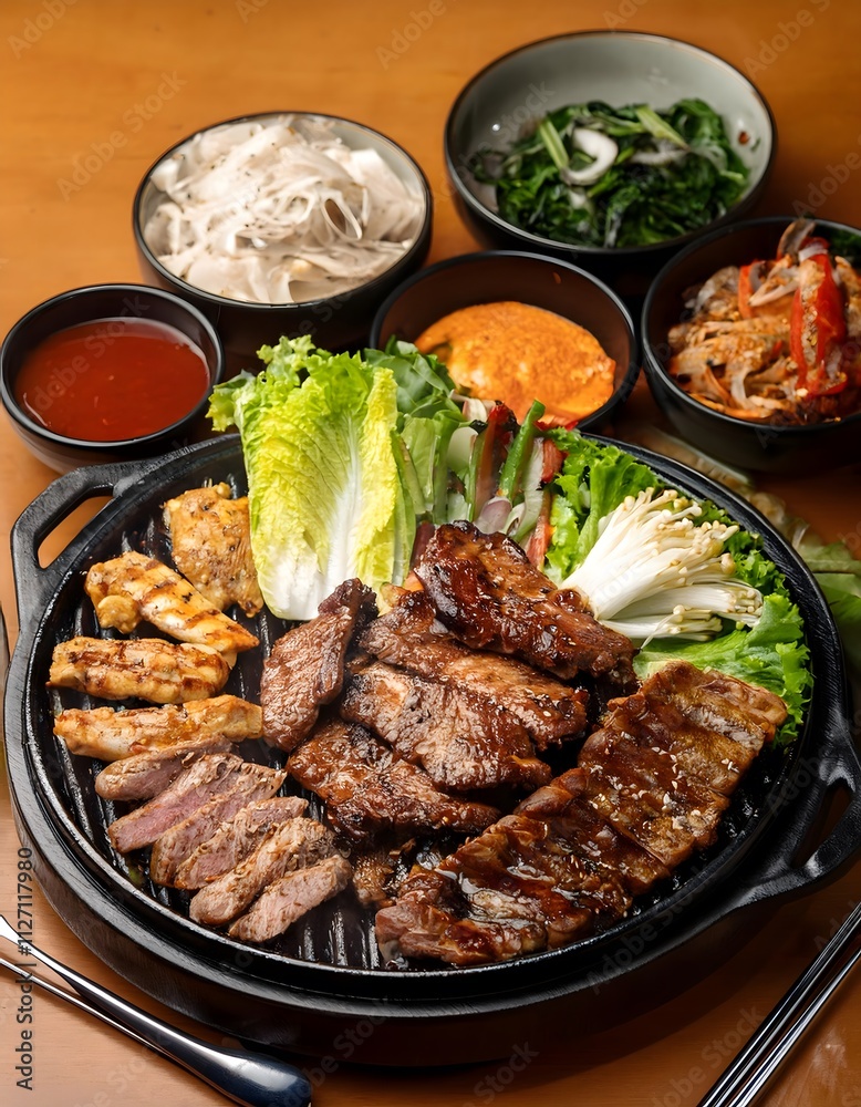 A sizzling Korean BBQ platter with marinated beef, pork belly, and chicken, served with kimchi, lettuce wraps, and dipping sauces A sizzling Korean BBQ platter with marinated beef, pork belly, and chicken, served with kimchi, lettuce wraps, and dipping sauces