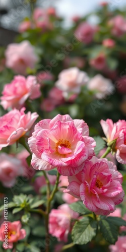 Beautiful blooming pink flowers in a vibrant garden during the spring season