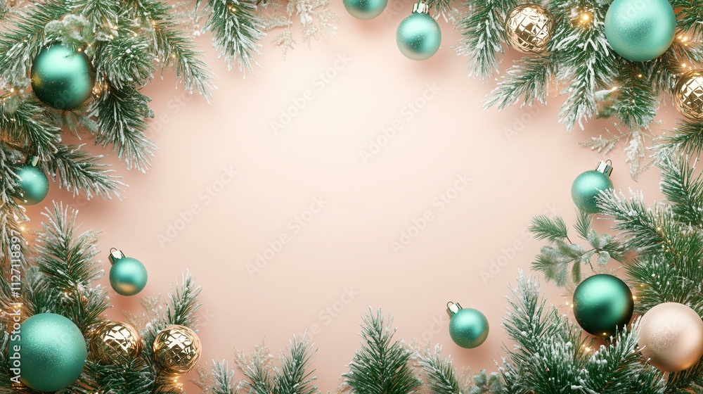 Elegant christmas background with golden ornaments, pine branches, and sparkling snowflakes on a light gradient backdrop Elegant christmas background with golden ornaments, pine branches, and sparkling snowflakes on a light gradient backdrop