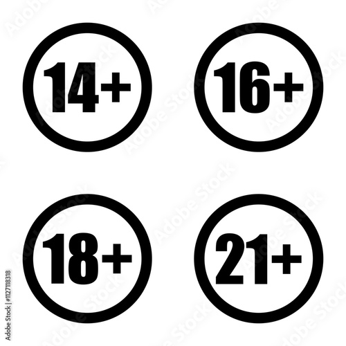 Set of age restriction icons. 14, 16, 18 and 21 age limit concept. Vector on isolated transparent background.