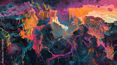 Vibrant canyon geological formations buried beneath a tangle of glowing vines, as if the earth itself were being consumed by some alien verdure. Verdure. Illustration