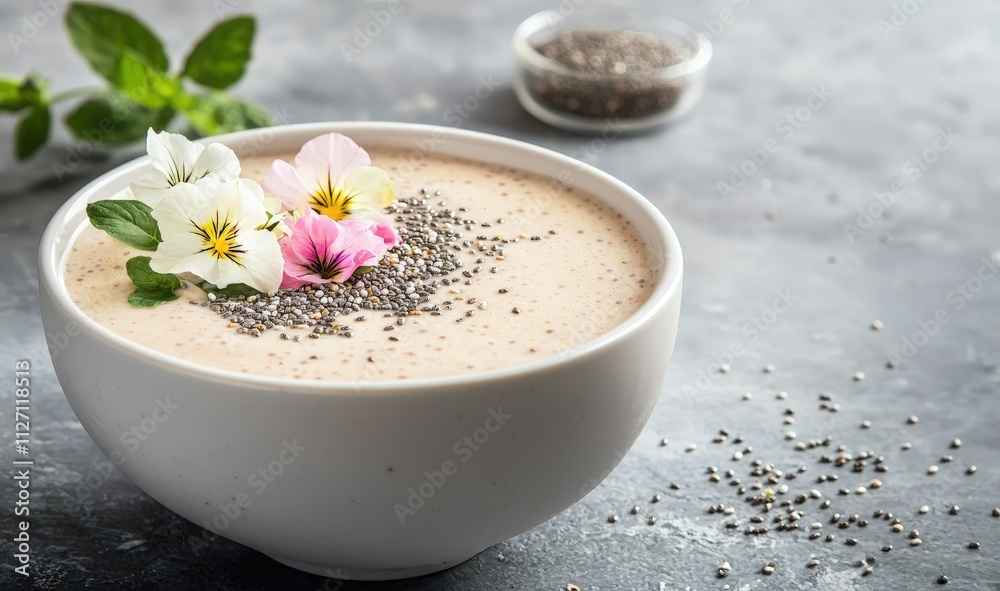 Longevity Through Natural Wellness and Mindfulness. A creamy dessert topped with flowers and chia seeds, served in a white bowl, set against a textured gray background. Longevity Through Natural Wellness and Mindfulness. A creamy dessert topped with flowers and chia seeds, served in a white bowl, set against a textured gray background.