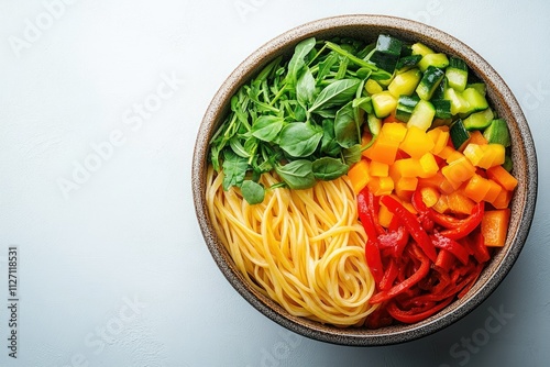 A bowl of spaghetti topped with colorful vegetables like red bell peppers, yellow bell peppers, zucchini, and fresh basil. photo