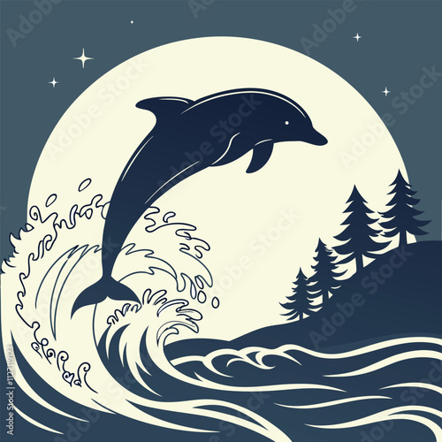 Shark Silhouette with Fish in Deep Sea Vector Illustration