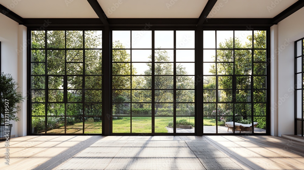 Modern interior with large glass windows. Modern interior with large glass windows.