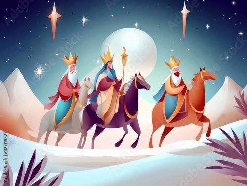 Generative AI Online Banner for Three Kings Day Celebration Cartoon Style Winter Night Scene