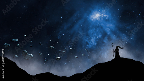 Magician standing on hill with asteroid, star field and nebula in background. Outer space, dark character, fantasy backdrop, digital painting illustration