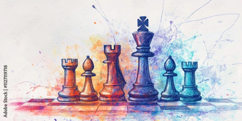 A colorful artistic depiction of chess pieces on a board. A colorful artistic depiction of chess pieces on a board.