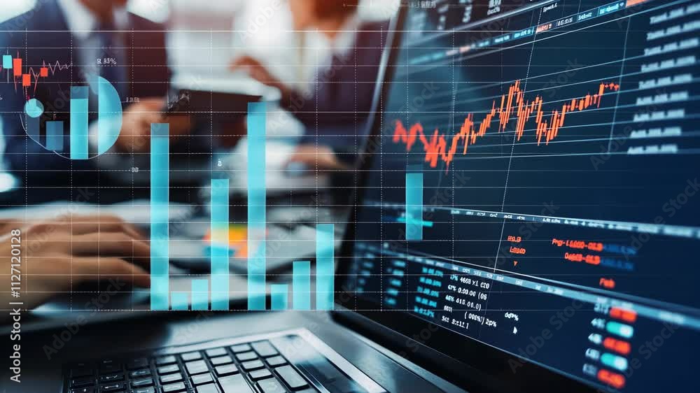 Stock market broker analyzing financial data on laptop display showing charts and graphs