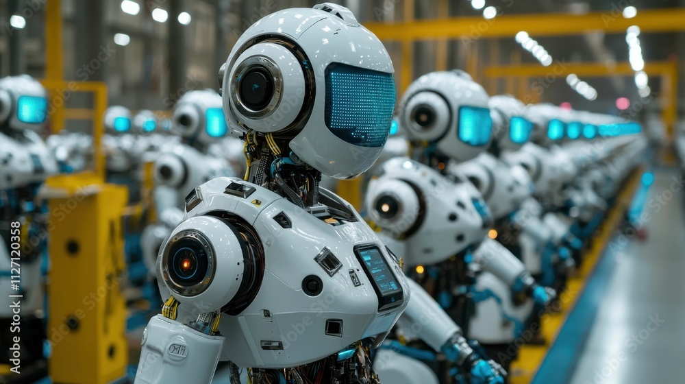 A row of humanoid robots with glowing blue screens stands in a factory environment, showcasing futuristic technology in robotics and automation. A row of humanoid robots with glowing blue screens stands in a factory environment, showcasing futuristic technology in robotics and automation.