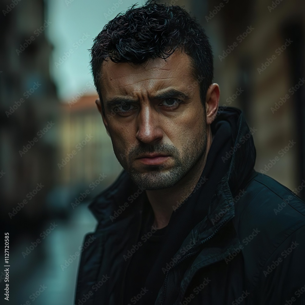 Fototapeta premium A crime syndicate enforcer in his 30s, an unemployed European man in his 30s, has dark brown hair and an appearance that makes him appear dangerous and menacing while standing on streets of Budapest 