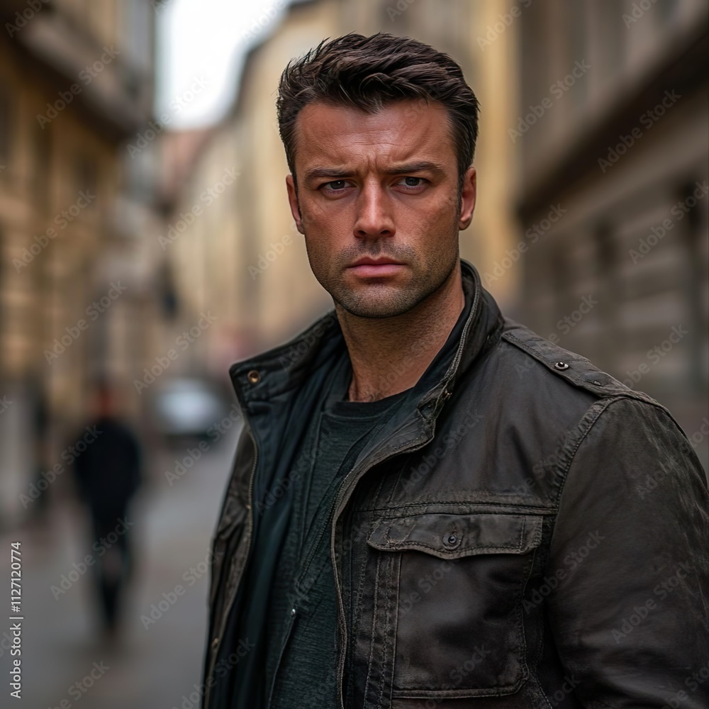 European man in his 30s. He's an enforcer for a crime syndicate. Dark brown hair. Scruffy looking. Looks dangerous. Looks menacing. Standing in the streets of Budapest. Day time. He looks intimidating European man in his 30s. He's an enforcer for a crime syndicate. Dark brown hair. Scruffy looking. Looks dangerous. Looks menacing. Standing in the streets of Budapest. Day time. He looks intimidating
