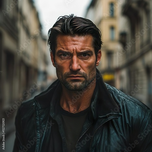 A man in his 30s from Europe is employed as an enforcer for a crime syndicate and his dark brown hair and appearance make him appear threatening and menacing while standing on the streets of Budapest 