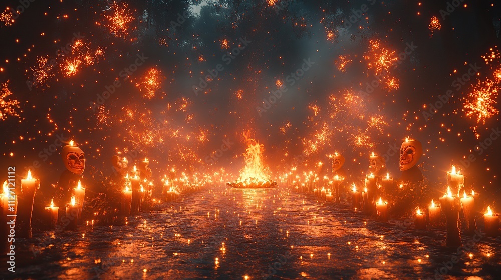 Eerie nighttime scene with burning candles, fire, and masked figures surrounding a lake. Eerie nighttime scene with burning candles, fire, and masked figures surrounding a lake.