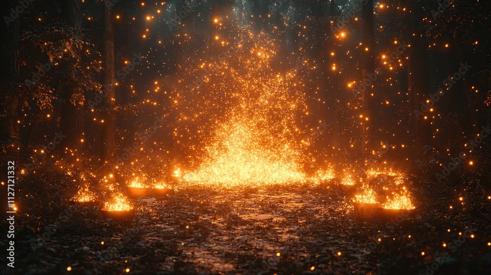 Magical forest fire scene with glowing embers and sparks. Magical forest fire scene with glowing embers and sparks.