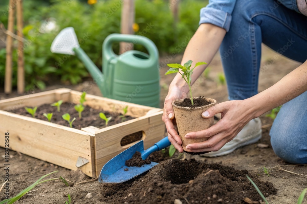 Naklejka premium a person in the midst of gardening. They are planting a small plant into the soil using a biodegradable pot