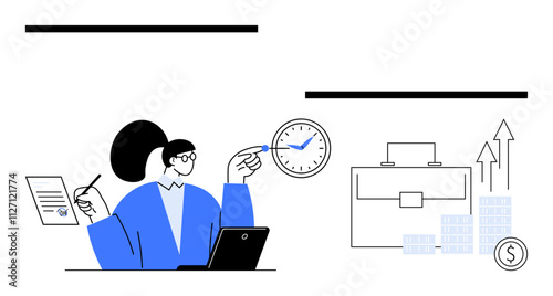 Businesswoman working on laptop while managing documents and pointing at clock. Briefcase, stacks of coins, and upward arrows illustrate financial growth. Ideal for business, productivity, time