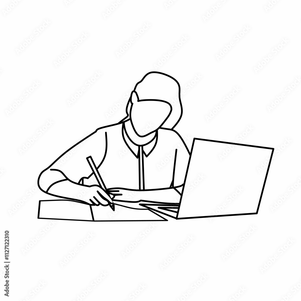 Minimalist line art of a person writing with a pen and working on a laptop. Modern, versatile design ideal for productivity, education, or business themes Minimalist line art of a person writing with a pen and working on a laptop. Modern, versatile design ideal for productivity, education, or business themes