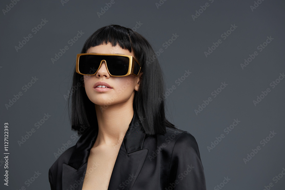 Blackhaired woman in sunglasses and black blazer with gold frame standing confidently with hands on hips against gray backdrop Blackhaired woman in sunglasses and black blazer with gold frame standing confidently with hands on hips against gray backdrop